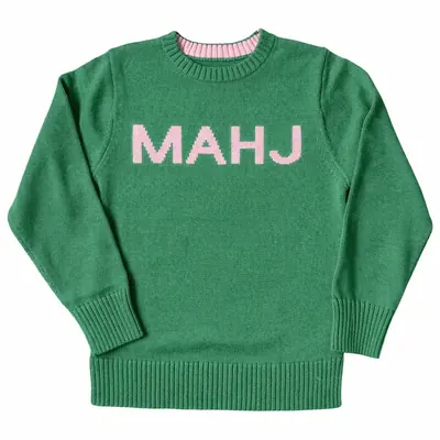 MAHJ Knit Sweater in Green/Blush, laid flat
