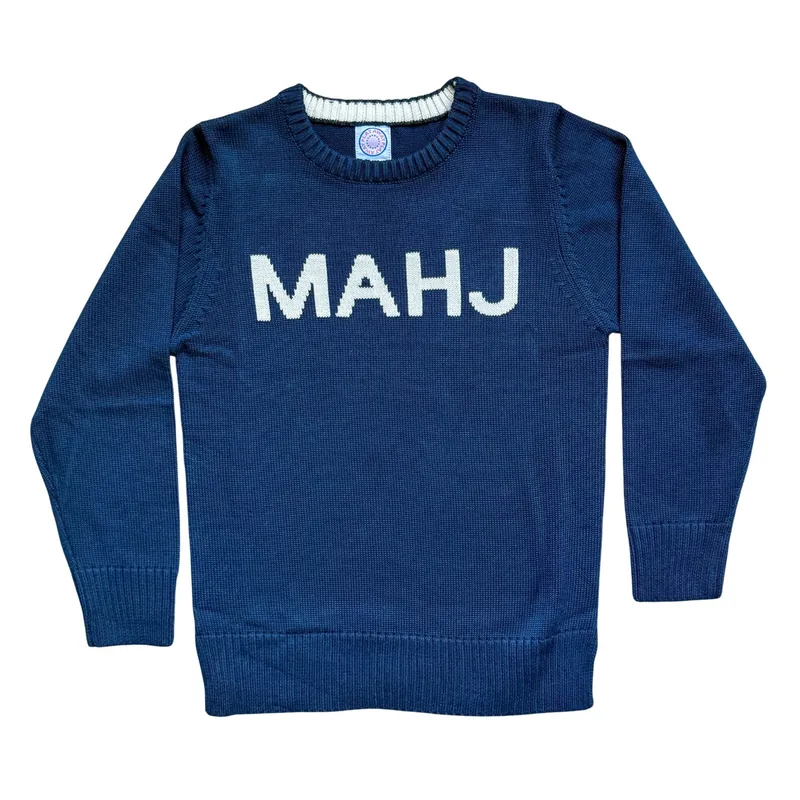 MAHJ Knit Sweater in Navy/White, laid flat: a navy cotton crewneck with MAHJ knitted across the chest in cream