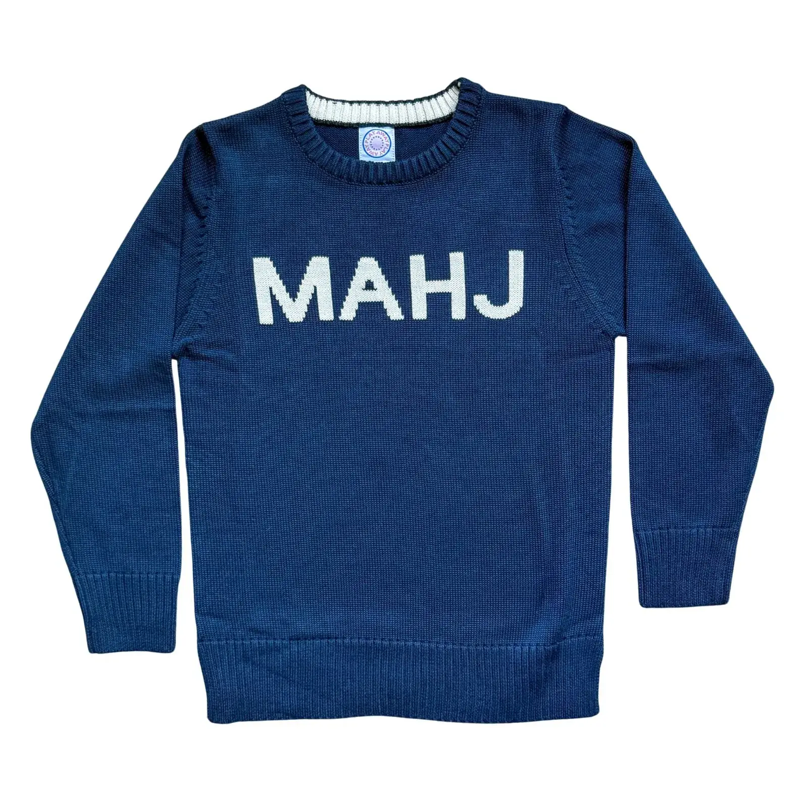 MAHJ Knit Sweater in Navy/White, laid flat