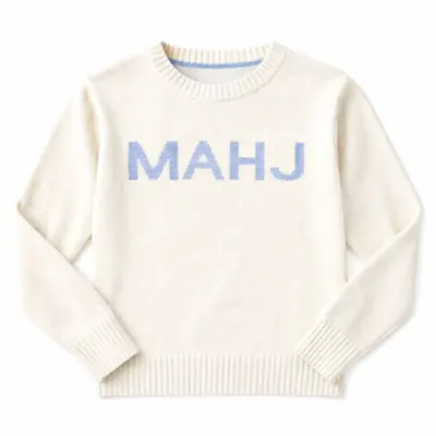 MAHJ Knit Sweater in White/Blue, laid flat